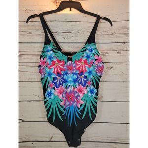 Fabo Swimsuit One Piece Tropical Floral  Racerback adjustable straps Size 2XL
